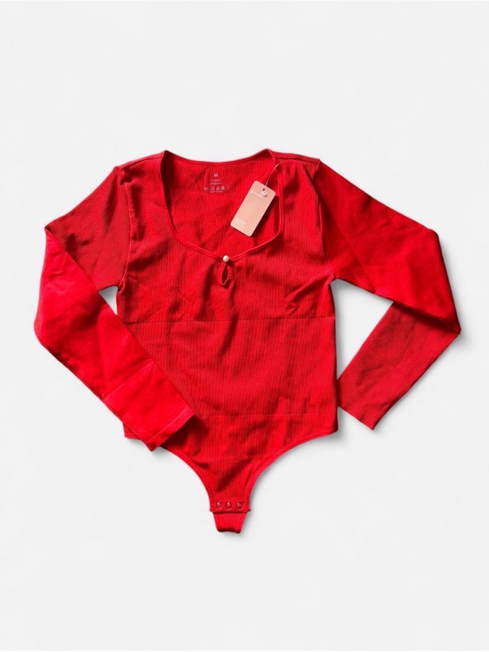 Ribbed Long-Sleeve Red Women's Bodysuit with Scoop Neck